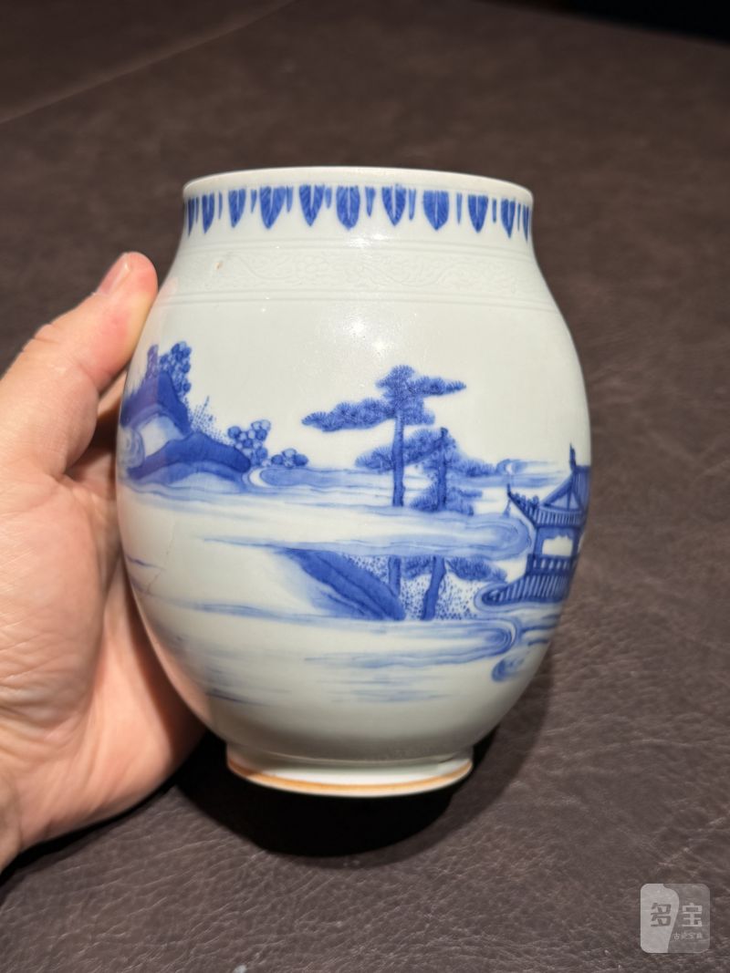 明崇祯 青花“海屋添筹”图莲子罐 - 图7